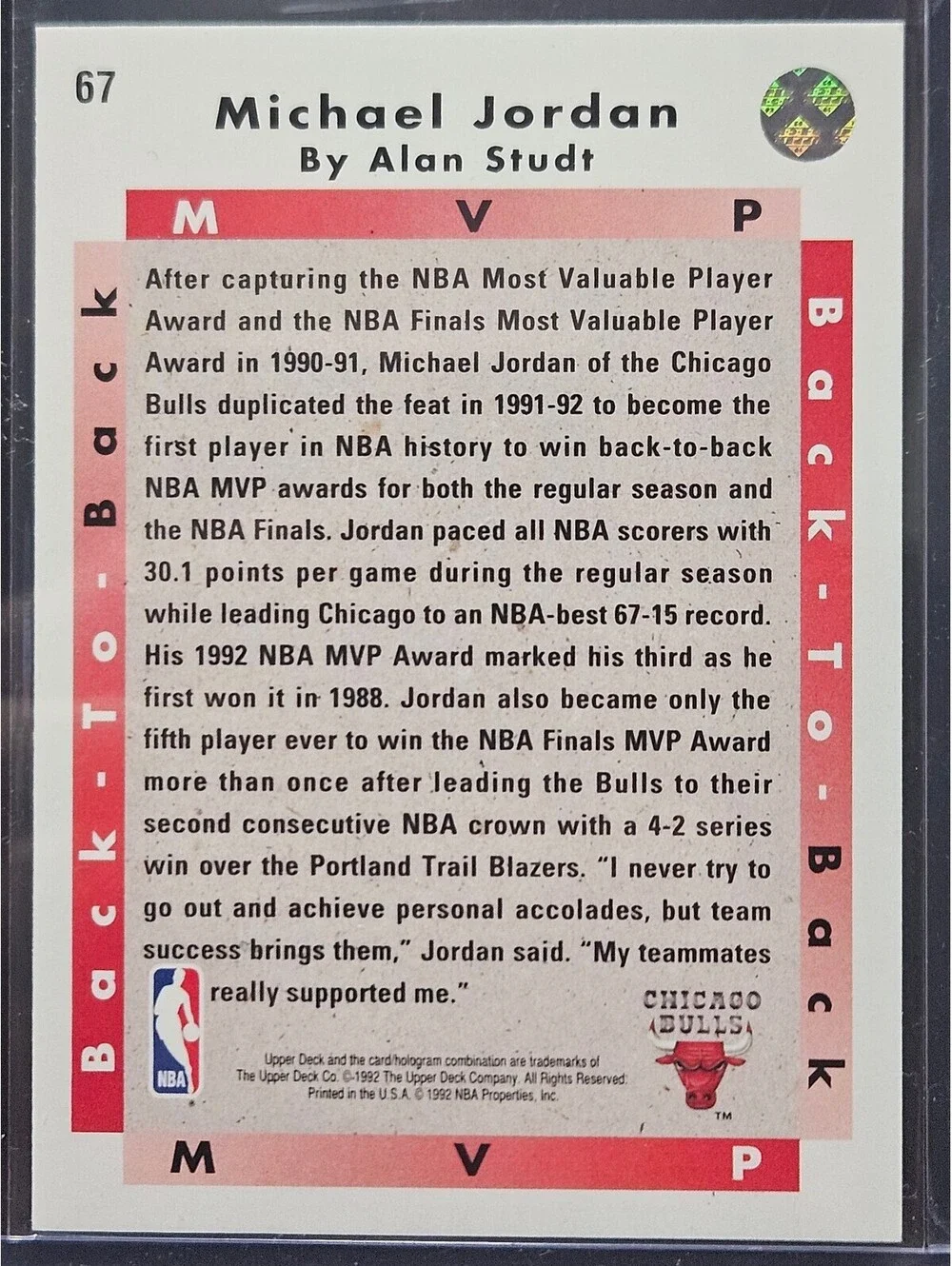 1992 Upper Deck Michael Jordan Back to Back MVP Card #67